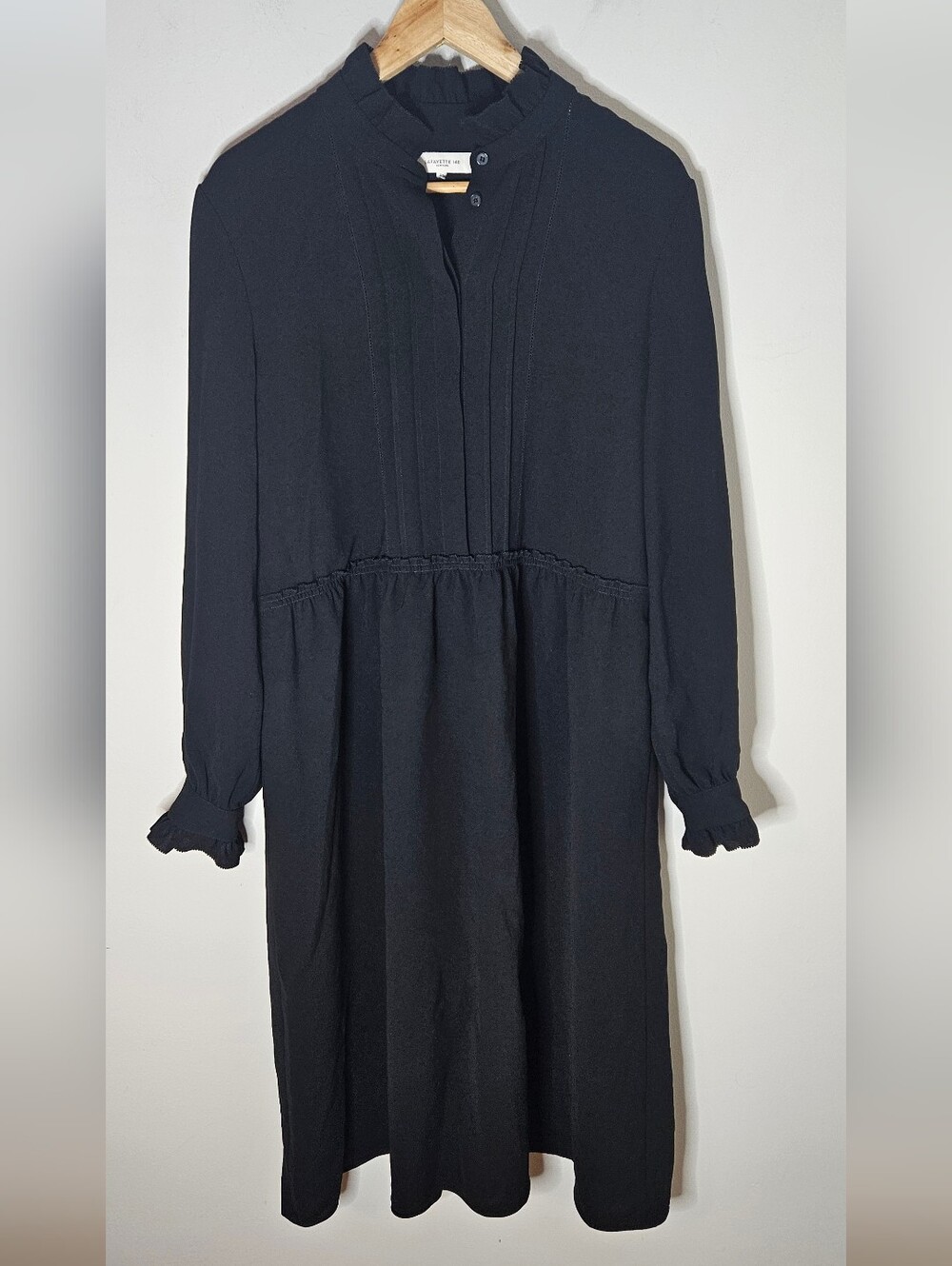 Lafayette 148 New York Black Crepe Midi Dress Ruffle Neck Cuffs Black Large L
